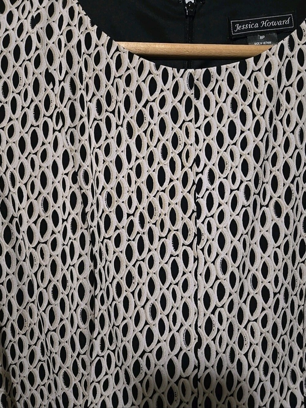 Jessica Howard Women's Dress Sz. 8 Petite Black Cream Geometric Belt Cap Sleeve - Picture 3 of 10